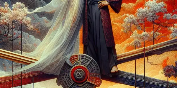 A symbolic scene of two characters navigating passion and restraint in a surreal Japanese landscape, embodying desire and imbalance.