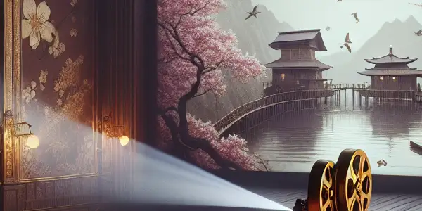 A vintage cinema setting with plush red seating, a classic screen, and hints of erotic themes and Japanese aesthetics.