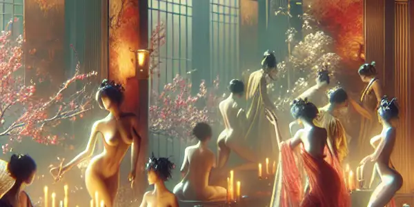 An intimate scene celebrating the human form through elegant poses, romance, and desire in a warm, seductive atmosphere.