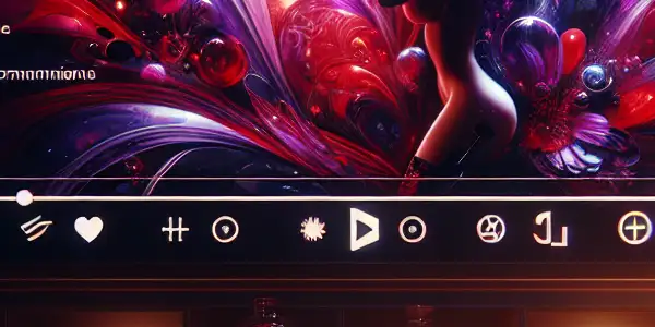 A modern, intimate media room featuring a large screen with abstract adult content, plush furnishings, and soft lighting.