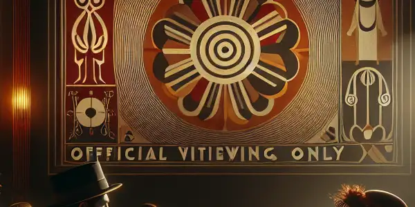 A vintage movie theater scene featuring a couple engaged with abstract representations of classic erotic films.