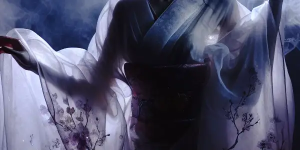 A hauntingly beautiful ghost in translucent garments floats in a moonlit Japanese garden, blending horror and sensuality.