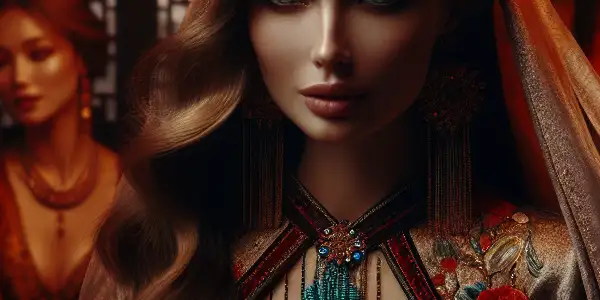 A sophisticated Russian woman interacts playfully with a Korean actor in an intimate, culturally blended setting.