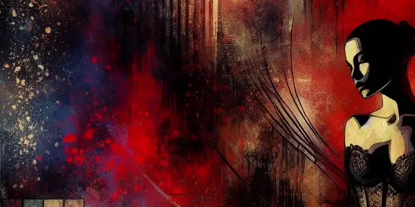 A dramatic scene featuring a provocative figure in a dimly lit room, embodying themes of danger and sensuality.