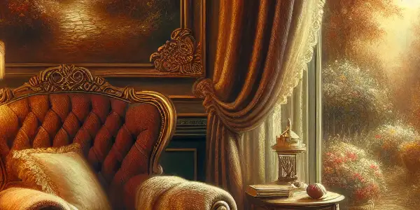 A cozy vintage living room with a plush armchair, warm lighting, an open book, and a serene garden view.