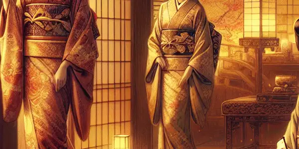 A luxurious Japanese room with elegant figures in kimonos, surrounded by cherry blossoms and soft lighting.