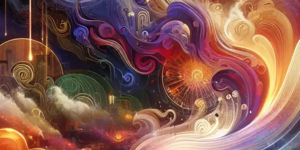 A vibrant digital landscape featuring an open book with swirling pages of erotic stories, neon lights, and cinematic elements.