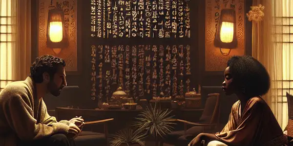A dimly lit lounge with a couple sharing an intimate conversation, surrounded by a blend of traditional and modern Korean decor.