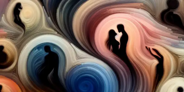 An abstract representation of the adult entertainment world, featuring vibrant colors, sensual lighting, and dynamic silhouettes.