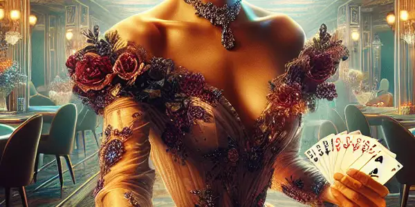 A confident female dealer in an elegant casino setting, blending glamour with provocative elements.