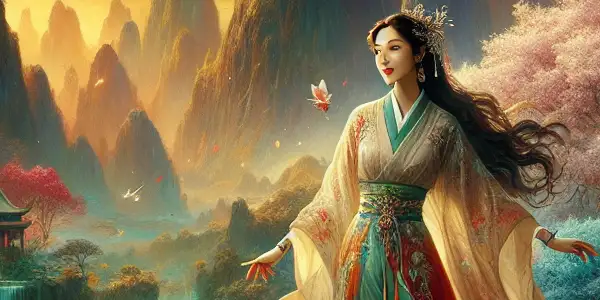 A captivating woman in a flowing gown stands amidst cherry blossoms in a vibrant Qing Dynasty landscape.