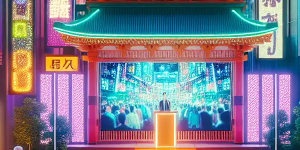 A vibrant Tokyo street at night featuring a cozy film viewing area celebrating Japanese adult cinema culture.