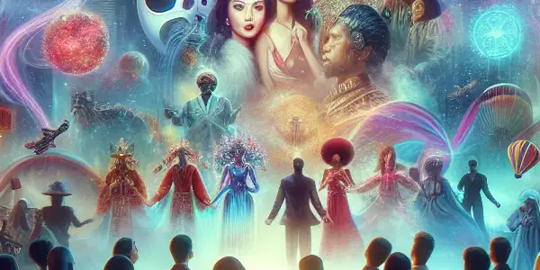 A vibrant urban nightlife scene depicting diverse individuals gathered around a glowing screen showcasing adult film imagery.