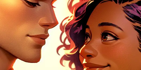 A pair of avatars sharing a gentle kiss, radiating intimacy and affection in a soft, romantic setting.