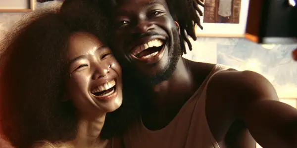 A couple laughing and embracing while taking a selfie in a cozy, warmly lit bedroom.