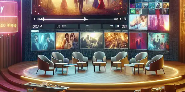A luxurious virtual adult entertainment platform featuring a sleek user interface, vibrant film thumbnails, and a cozy ambiance.