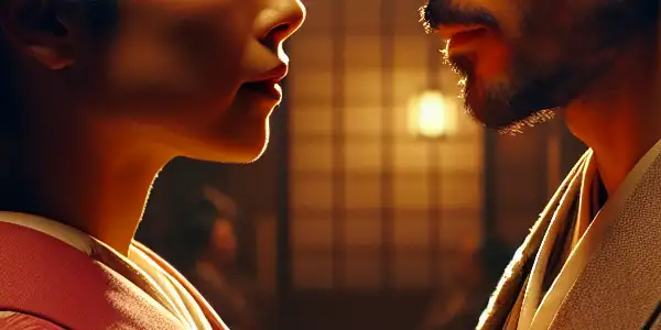 Two actors in traditional Japanese attire share an intimate moment, conveying passion under a blooming cherry blossom tree.