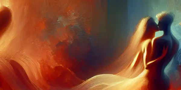 A passionate and intimate scene with figures in warm colors, evoking desire and connection.
