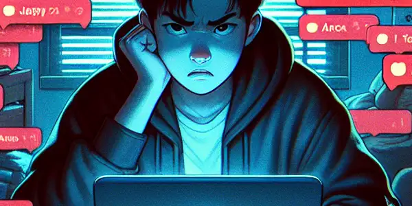 A frustrated young adult dealing with intrusive adult content messages in a cluttered, dimly lit room.